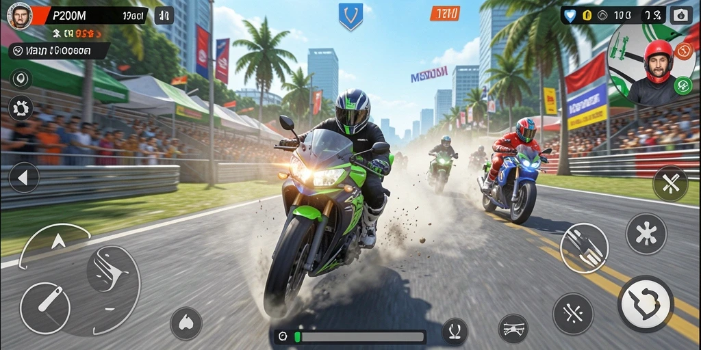 Tampilan gameplay P200M yang mendebarkan dalam balapan motor.