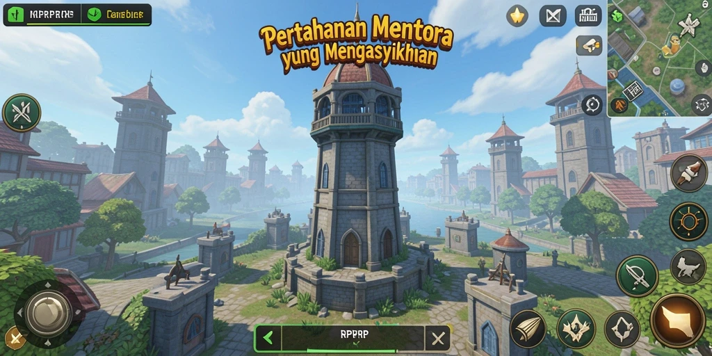 Tampilan gameplay RPRPRP dalam pertahanan menara yang intens.